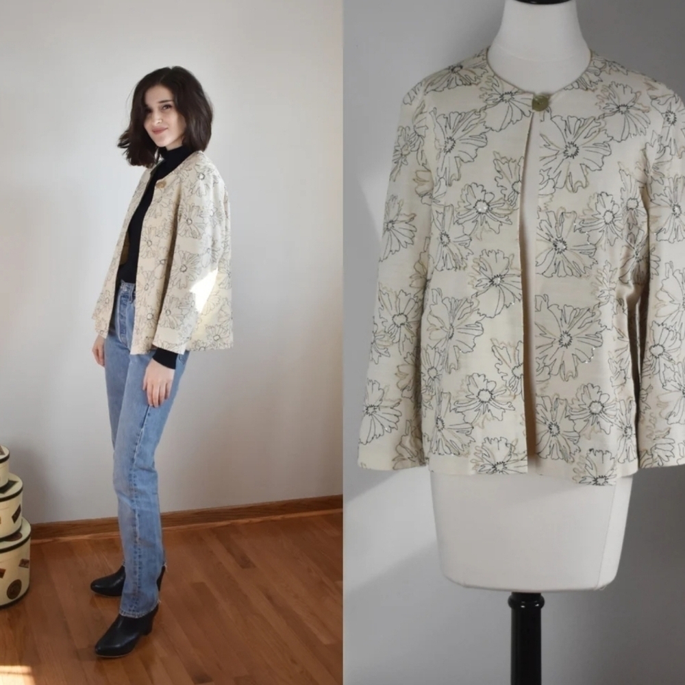 Laura Ashley Cream embroidered floral Silk open Blazer Neutral Minimalist Sz.M